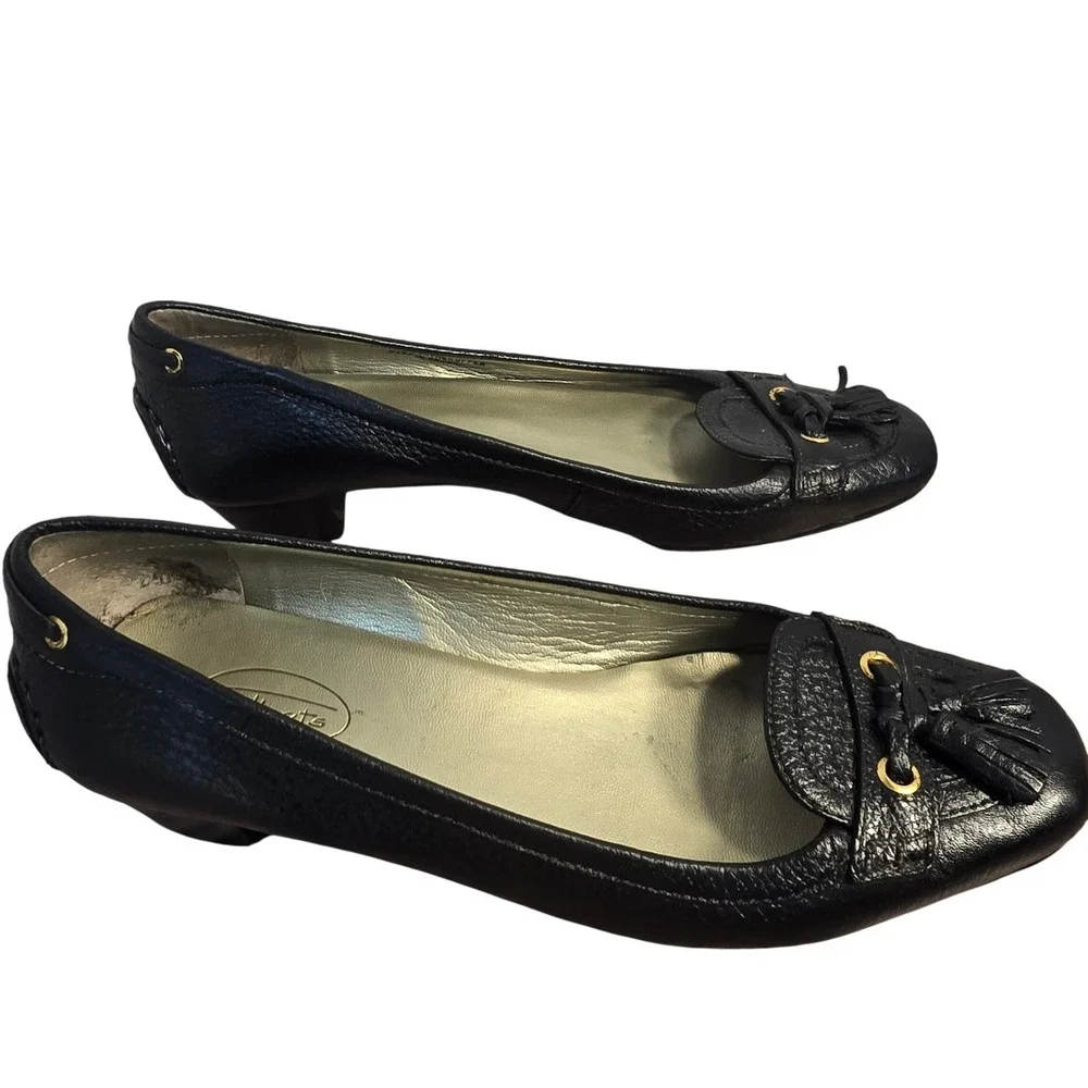 Talbots Black‎ Pebbled Leather Tassel Loafer Pumps Low Block Heel Gold Hardware